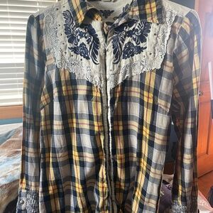 Women’s Plaid Western Button-Up Shirt with Embroidery